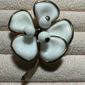 1951 Crown Trifiari Gold-Tine White Milk Glass Brooch